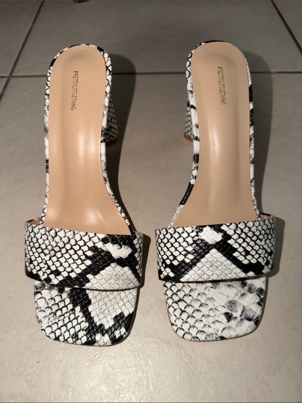 PrettyLittleThing White & Black Snake-Print Slide Mules